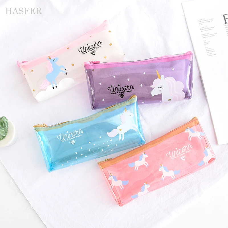 Cartoon Unicorn Pencil Case Cute Transparent pencil font b bag b font box stationery pen pouch