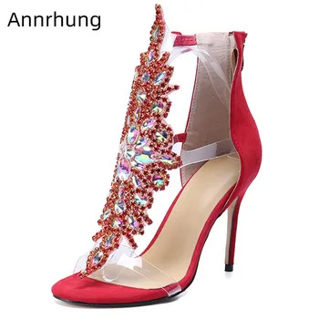 

Red Crystal High Heel Gladiator Sandals Sexy Open Toe Clear PVC Strap Shoes High Heels Runway Sandalias Shoes Zapatos Mujer