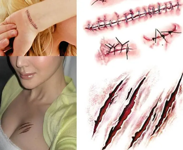 Тату для Хэллоуина Зомби Шрамы искусственные татуировки Scab кровавый макияж