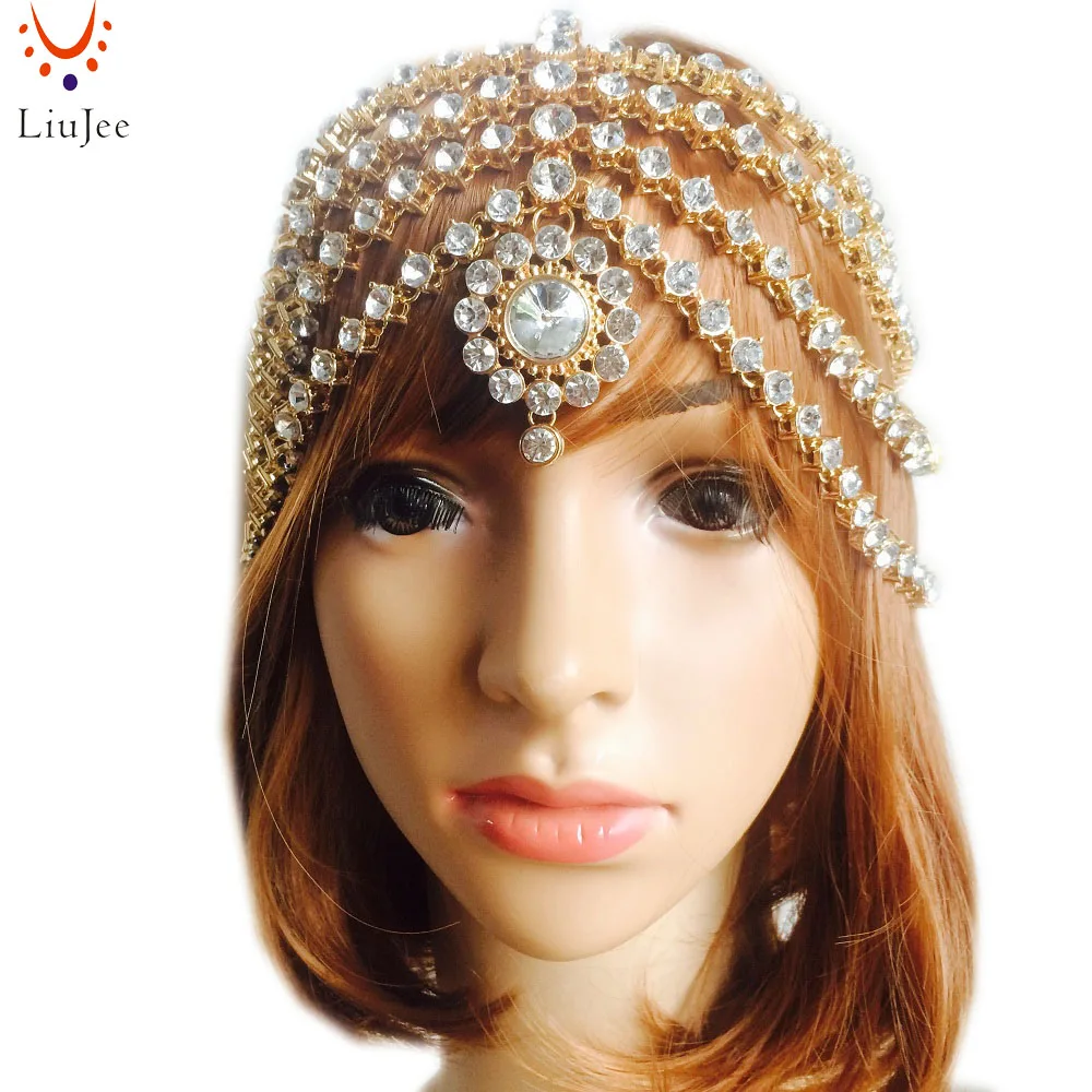 

LiuJee KD128 Luxury Full kundan stone Head Chain Hair jewelry Indian Star headband hair bands bridal hair accessories