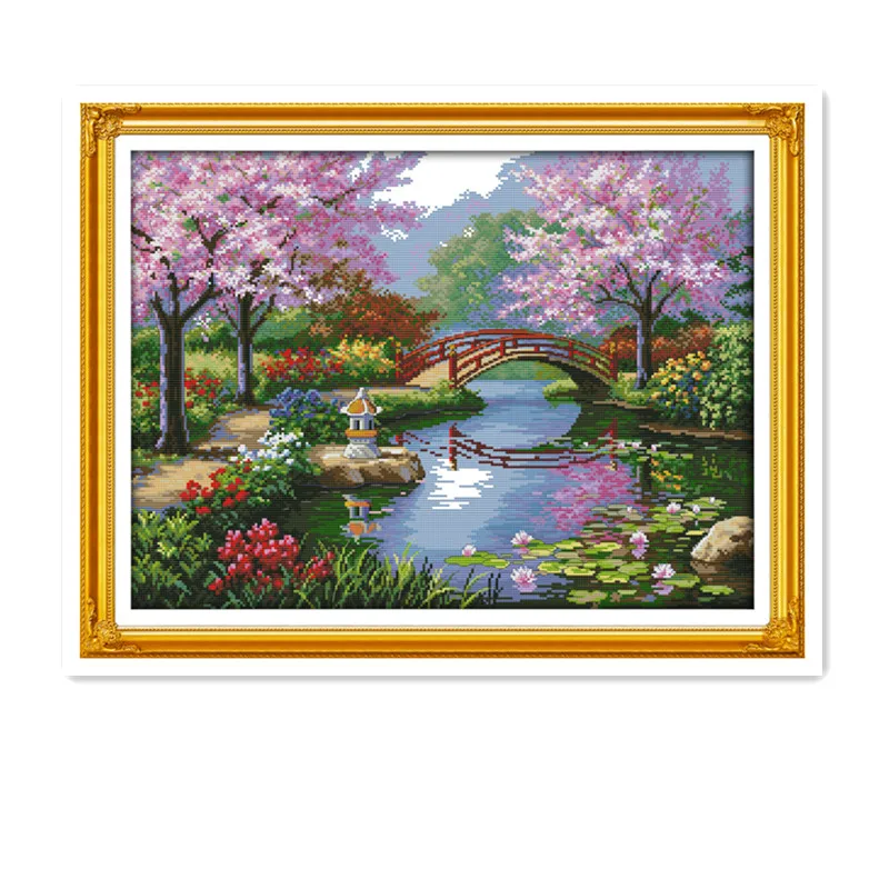 

Park scenery diy hand-embroidered cross-stitch kit spring peach blossom bridge water warm scenery decorative painting