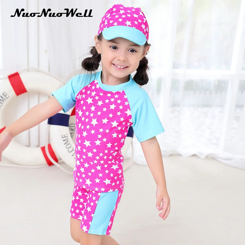 

2018 Baby Girls bright color summer Swimsuit Children's Kids Hot spring Bathing Suit Hat+T shirt+pant 3pcs Infant swimwear