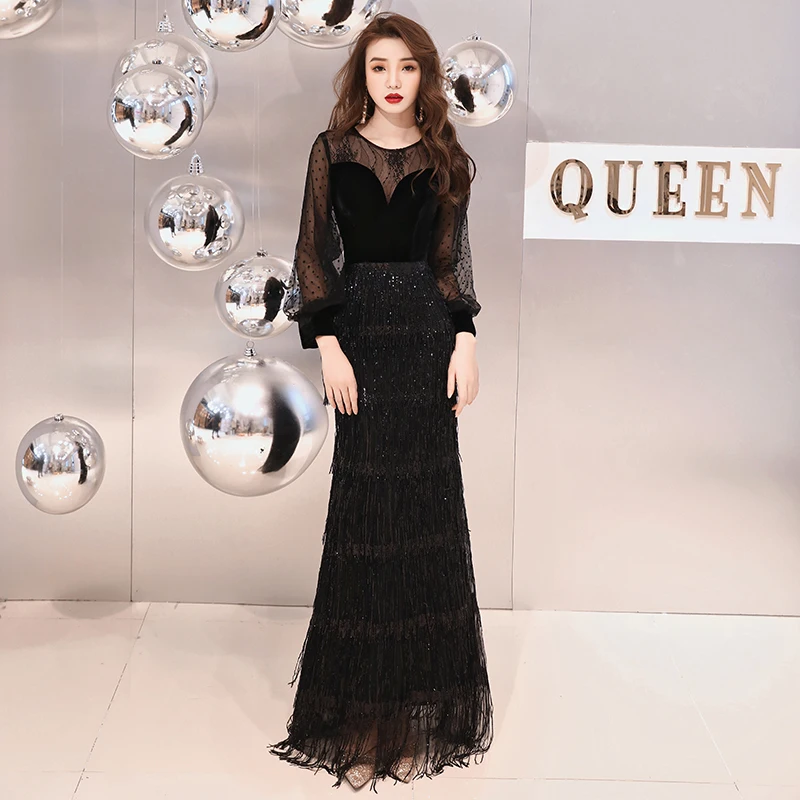 

2019 New Long Black Evening Gowns Elegant Mermaid Tasse Dress Party Formal Long Sleeves Robe De Soiree LF190