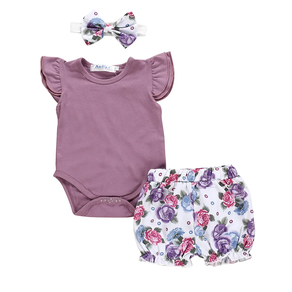 Новинка года; однотонные топы для маленьких девочек; Одежда для новорожденных; одежда для маленьких девочек; комбинезон; боди+ шорты с цветочным принтом