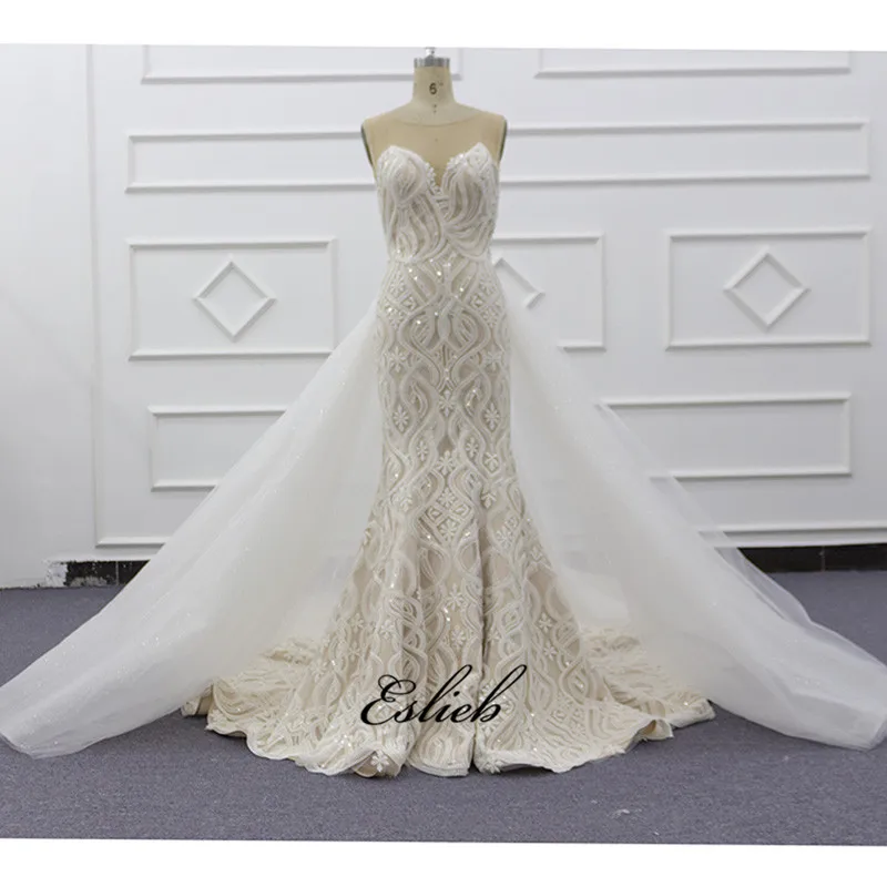 

OEM Robe de mariage Vestido de noiva Lace Detachable Long Tail Mermaid Ruffled White Long Sleeve 2019 African Wedding Dresses