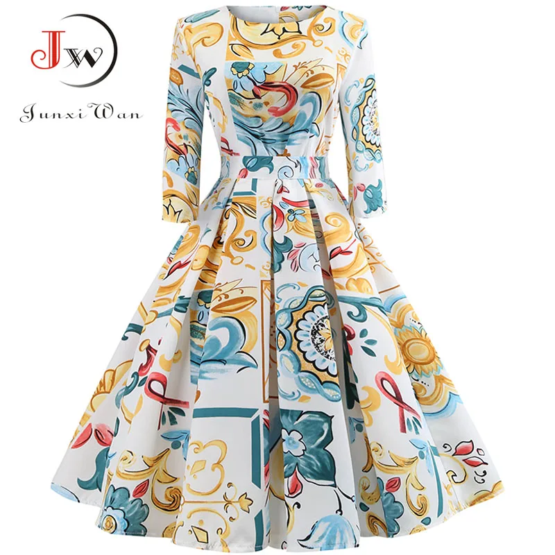 

Retro Vintage 3/4 Sleeve Autumn Dress Women Floral Print Sexy Party Dresses Elegant Casual A-Line Dress Robe Rockabilly Pinup