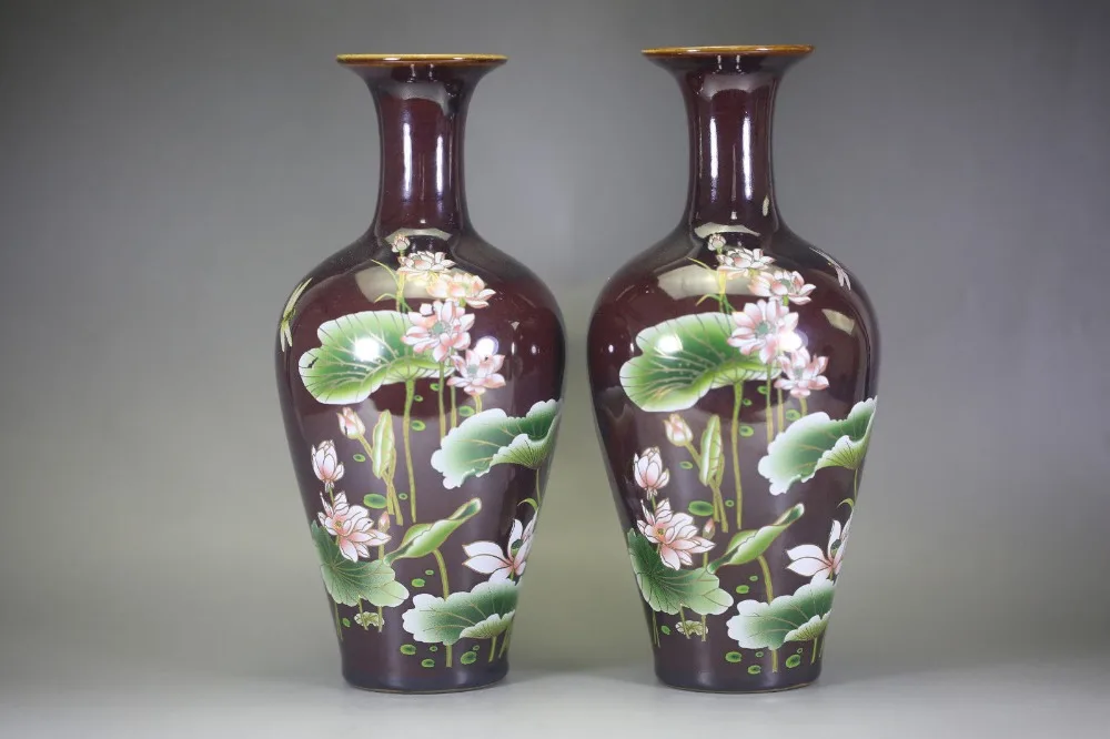 

2Pcs China Collectible jingdezhen Famille Rose brown Hand-painted Lotus Vase a1