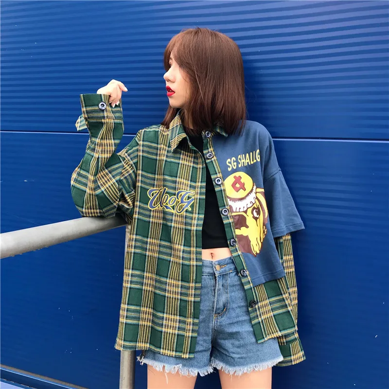 

Women's Retro Cartoon Print Plaid Shirts Stitching OL Blouses Long Sleeve Checked Single-breasted Tops Casual Blusas Mujer 2019