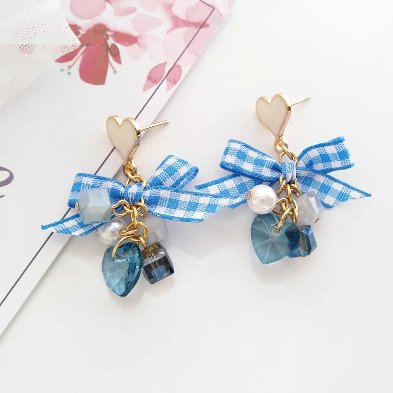 blue stud earrings Японский стиль любовь сердце квадратные кристаллы Pendientes Brincos без отверстия серьги синий черный бант клип серьги без пирсинга - Окраска металла: blue stud earrings