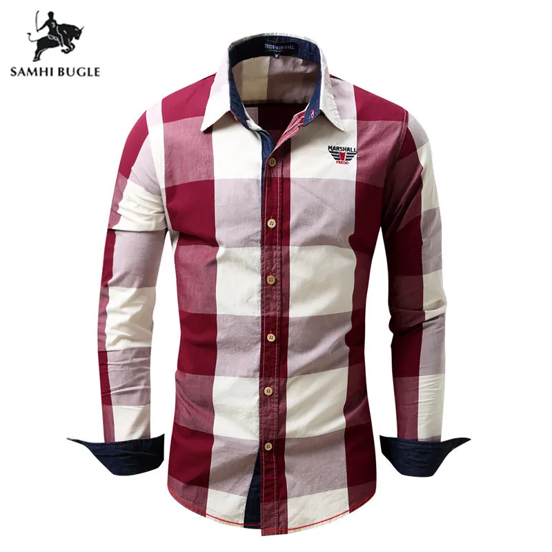 

European size 2019 models Men's Plaid hit Color Print Shirt men's long-sleeved lapel shirt brand casual shirt menshirts