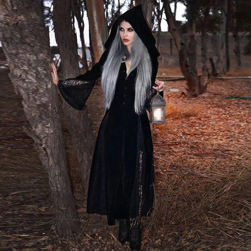 

Imily Halloween Gothic Hooded Maxi Dress Vintage Sexy Long Flare Sleeve Lace Patchwork Button Long Dress V Neck Empire Vestidos