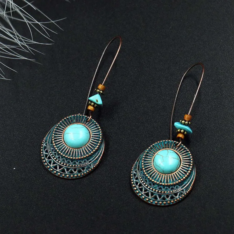 

New Design Vintage Antique Round Blue Stone Hollow Dangle Earrings Fashion Jewelry For Women