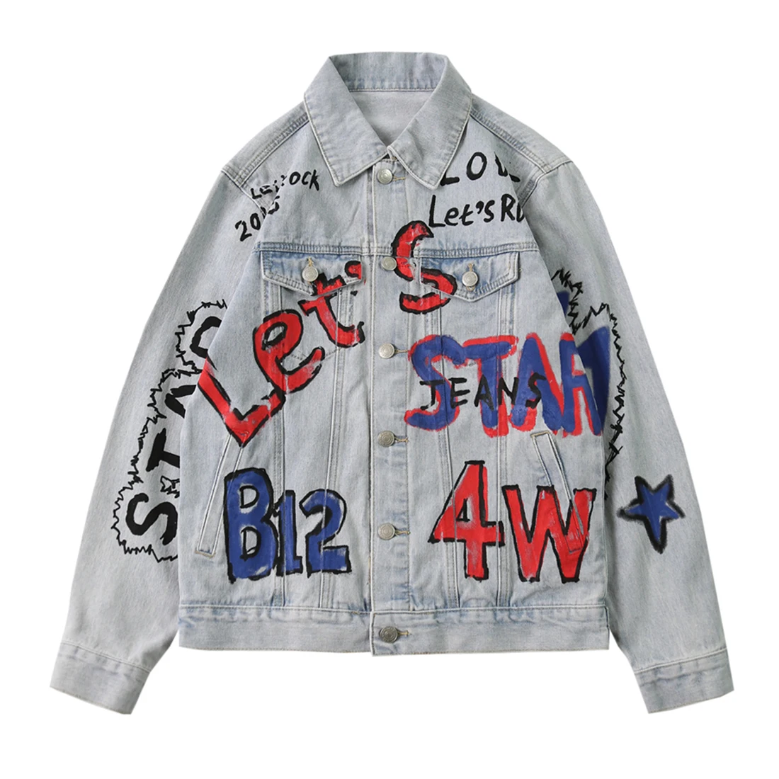 AELFRIC Letter Graffiti Denim Jeans Baseball Jacket Men Hip Hop Outwear Harajuku Streetwear Urban Male Jacket Coats Casual Jean