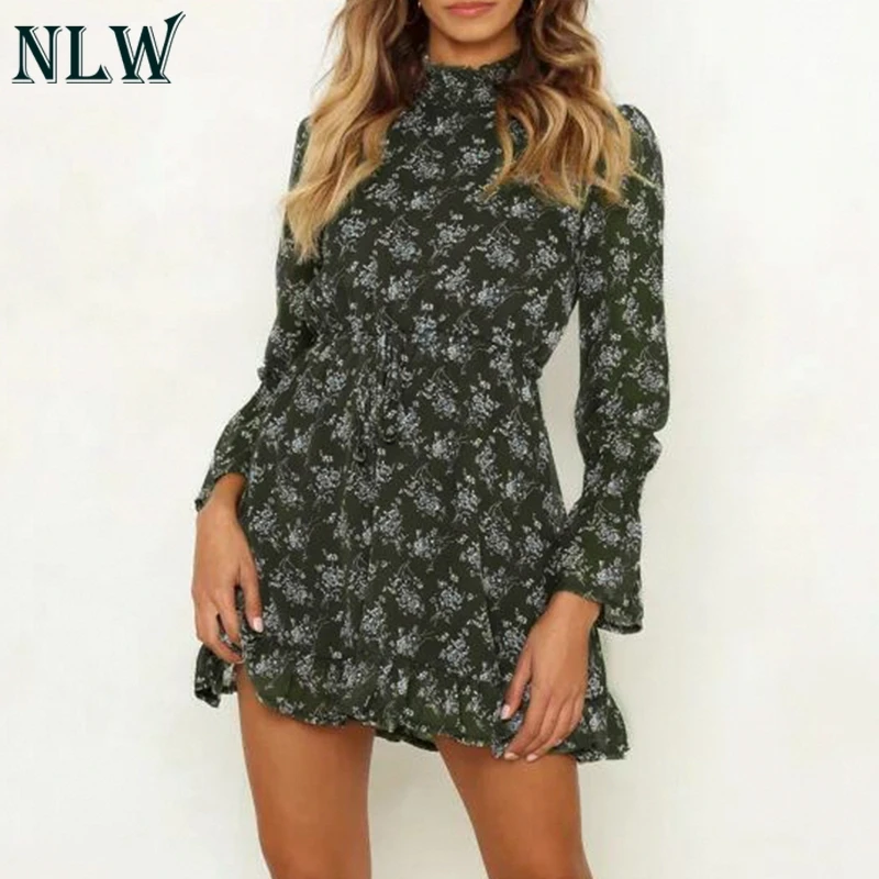 

NLW Chiffon Winter Feminino Party Dress Women Long Sleeve Turtleneck Red Short Casual Dress Elegant Ruffles Dress Vestidos