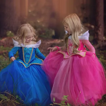 

NEW Girls Sleeping Beauty Princess Costume Spring Autumn Girl Dress Pink Blue Princess Aurora Dresses for Girls Party Costume