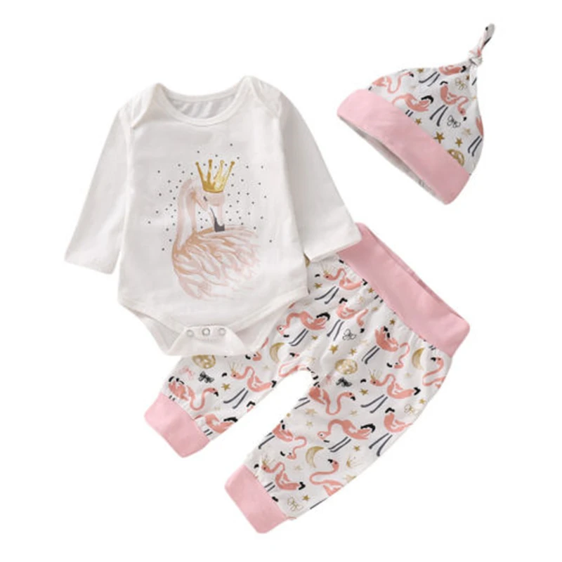 Комплект одежды с принтом лебедя для маленьких девочек, хлопковый комбинезон для маленьких девочек + штаны + шапки, комплект из 3 предметов