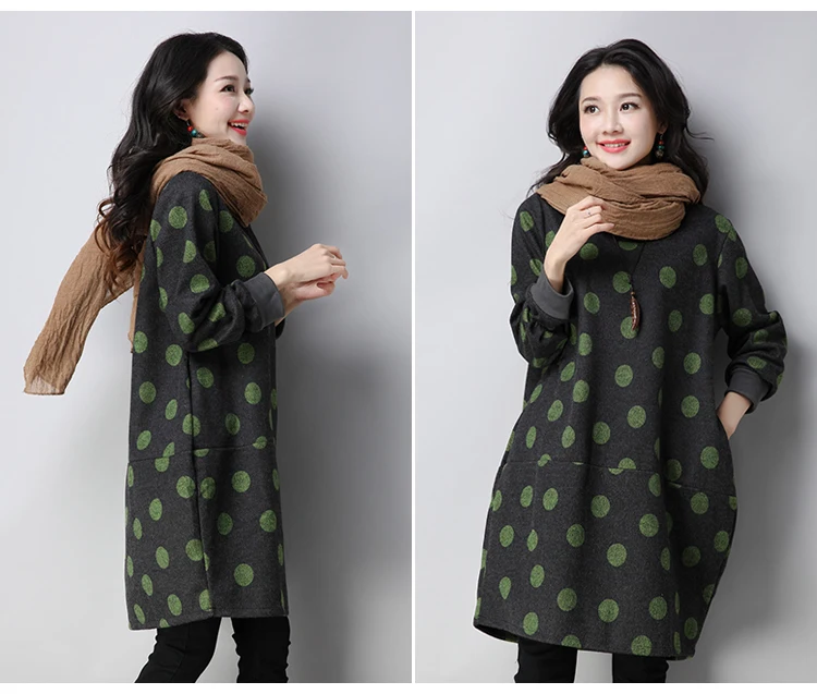 

2018 Fleece Lining Warm Polka Dot Jumper Wool Dress Ladies Oversized Long Sleeve Loose Tunic Winter Fashion O-Neck Pullover