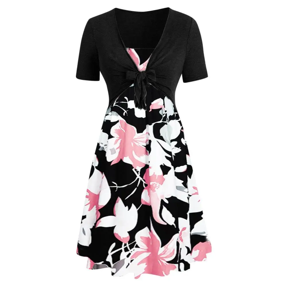 2019 Hot Womens Sunflower Print Mini Dress with Short Sleeve Bow Knot Bandage Top Casual Sundress Elegant Dresses 2019 Hot Womens Sunflower Print Mini Dress with Short Sleeve Bow Knot Bandage Top Casual Sundress Elegant Dresses
