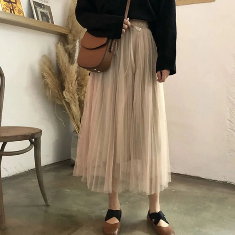 

zefeng Spring Women Casual Cake Skirt Ladies Preppy Style Skirt Female Sweet Long Style Pleated High Waist Skirt Ankle-Length