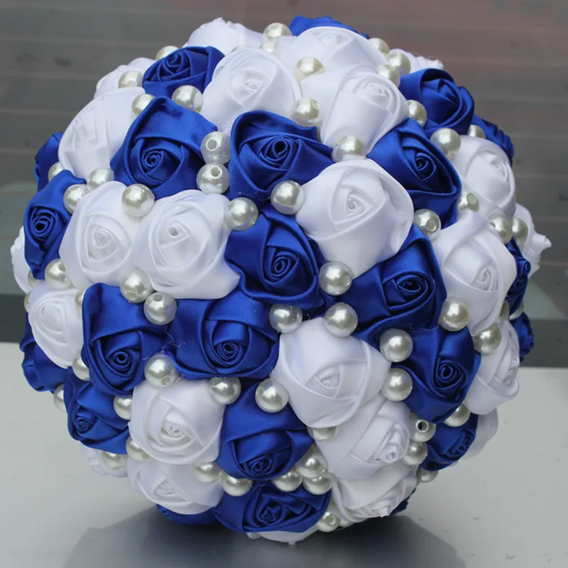 Поп Королевский синий белый цвет жемчуг бисером свадебные букеты простой Прочный Половина мяч лук стежка держа цветы W322-5