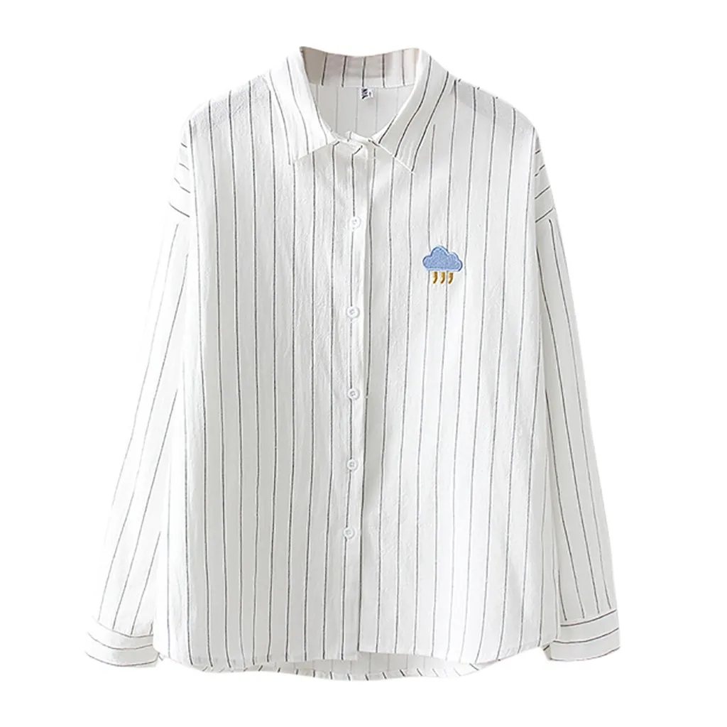 Белый Fashion Women Stripe Shirts korean style women Autumn Top Lapel Shirt Weather Printing Long Sleeve Loose Blouse chemise femme - Цвет: Белый