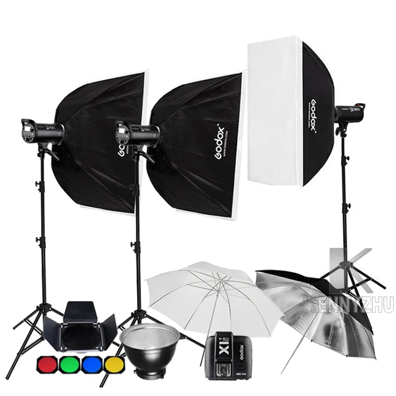 

Godox 3x DE400II 400Ws / DE300II 300Ws +2.4G X1 Transmitter Studio Flash Lighting Kit Photo Strobe Softbox 2.8m Light Stand Set