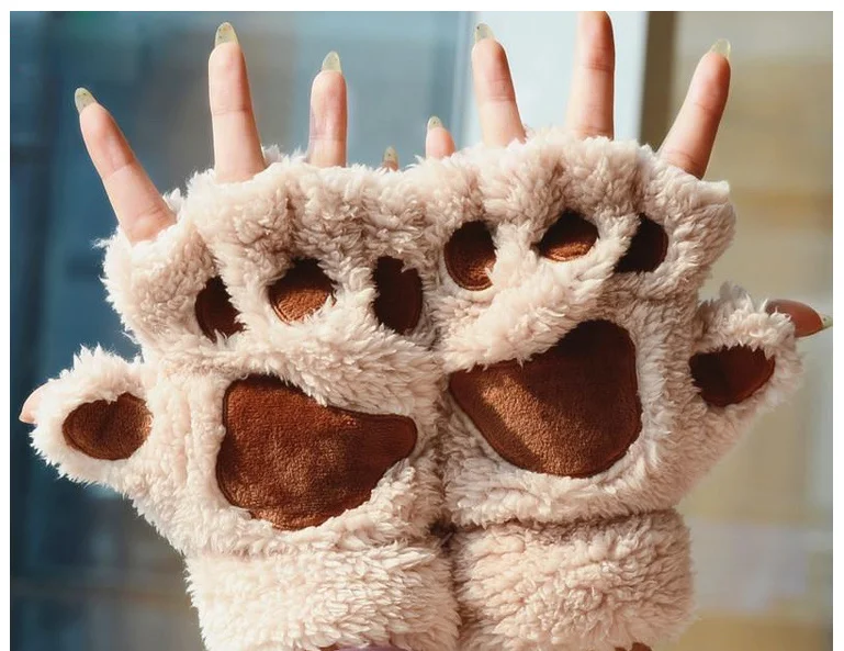 Женские зимние перчатки без пальцев, пушистый медведь кошка плюшевая лапа коготь Половина пальцев перчатки, половина крышки Женские