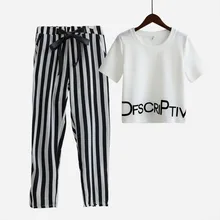 Fashion women 2 piece sets suit crop tops letters print t shirt stretchy striped harem pants elastic tracksuit vestidos S5469