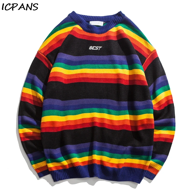 

ICPANS 2019 Winter Letter Embroidery Sweater for Men Rainbow Stripe O-neck Pullover Men's Sweater 2Colors
