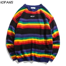 ICPANS 2019 Winter Letter Embroidery Sweater for Men Rainbow Stripe O-neck Pullover Men's Sweater 2Colors ICPANS 2019 Winter Letter Embroidery Sweater for Men Rainbow Stripe O-neck Pullover Men's Sweater 2Colors