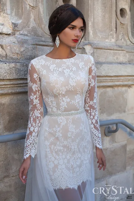 New Stunning Beach Long Sleeve Scoop Neckline Ivory Lace Simple New Stunning Beach Long Sleeve Scoop Neckline Ivory Lace Simple Short Wedding Dress 2017 Y Tulle