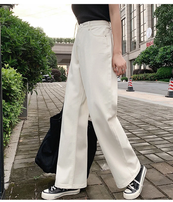 Women Denim Jeans Wide-leg Pants Straight Loose Zipper Casual High Waist Long Jeans White Blue Autumn Female Jeans S-XL