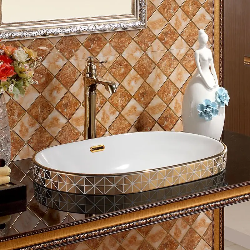 Chinese Gold Mosaic Ceramic oval Semi Countertop Bathroom Sink Art
