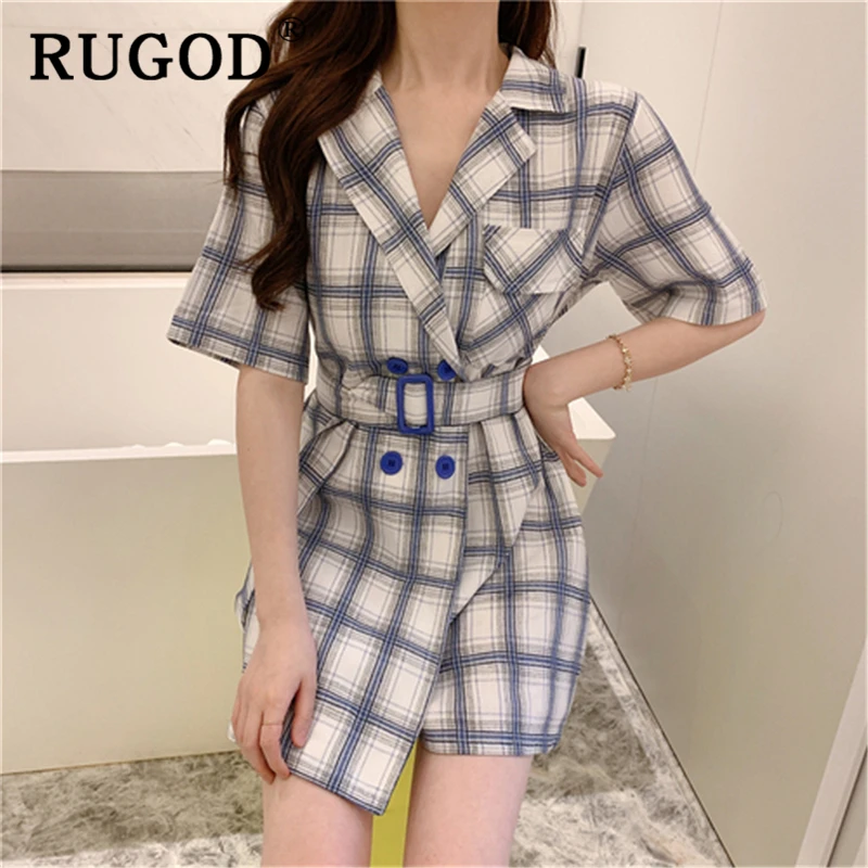 Женский двубортный комбинезон RUGOD с поясом и треугольным вырезом 2019|Комбинезоны c