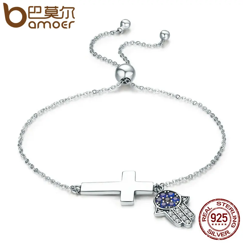 

BAMOER 925 Sterling Silver Hamsa Hand & Cross Faith Power Lace up Women Link Bracelet Sterling Silver Jewelry Gift SCB028