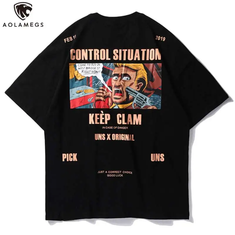 

Aolamegs T Shirt Men Cartoon Comics Printed Men's Tee Shirts O-neck Funny Letter T Shirt High Street Tees Streetwear Summer