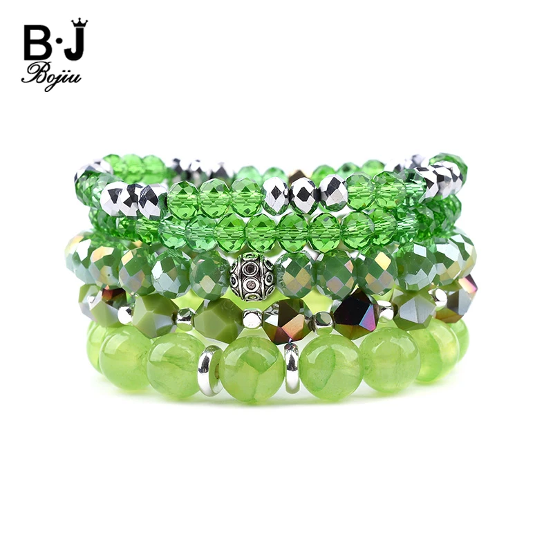 

BOJIU 5 Pcs/Set Elastic Multilayer Women Bracelets Faceted Silver Green Crystal Round Quartz Bead Bracelet Femme Bijoux BCSET246