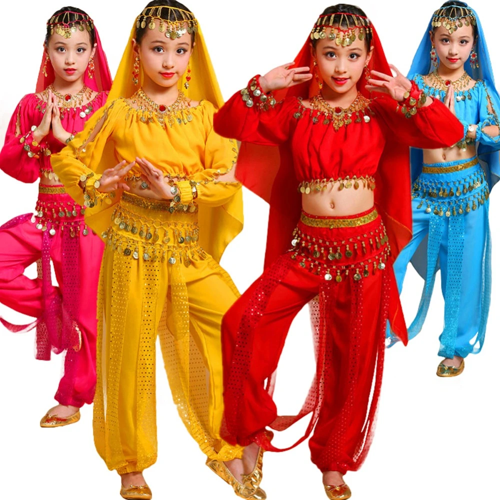 Disfraz de danza del vientre para niña, traje de gasa de princesa india árabe, trajes de Halloween, Top Halter, pantalones Harem, conjunto de Uds.|set de ropa| - AliExpress