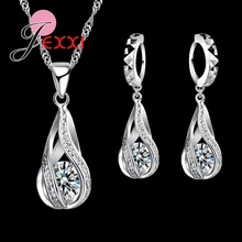 925 Sterling Silver Classic Drop Shape White Crystal Jewelry Sets Water Wave Necklace Pendant Hoop Earrings