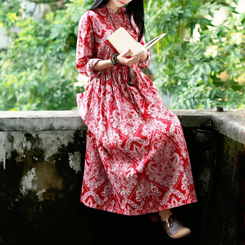 Платье Hisenky женское винтажное длинное с высокой талией и поясом|ethnic dress|long dresscotton