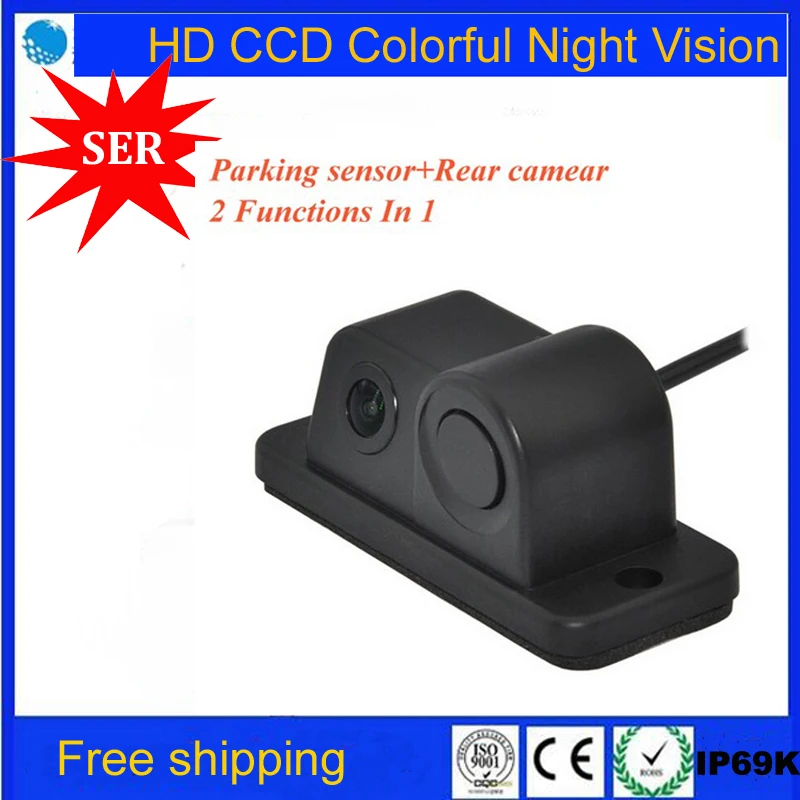 

Free Shipping 2 in 1 Sound Alarm car rear view camera with visible parking sensor and buzzer IR night vision Parking Assistance