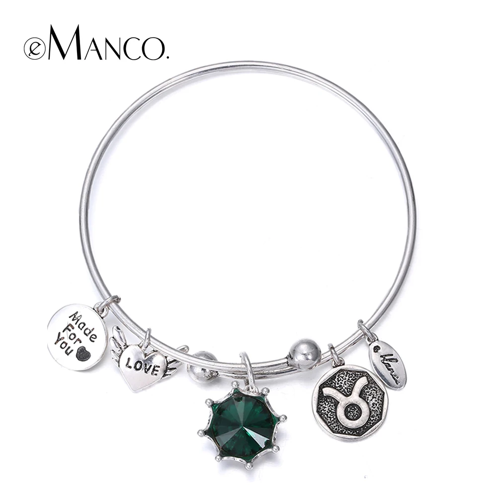 

eManco Birthstone Twelve Constellations Fine Bangles for lovers' Vintage Round LOVE Heart Letters Bangle Gift pulseras mujer
