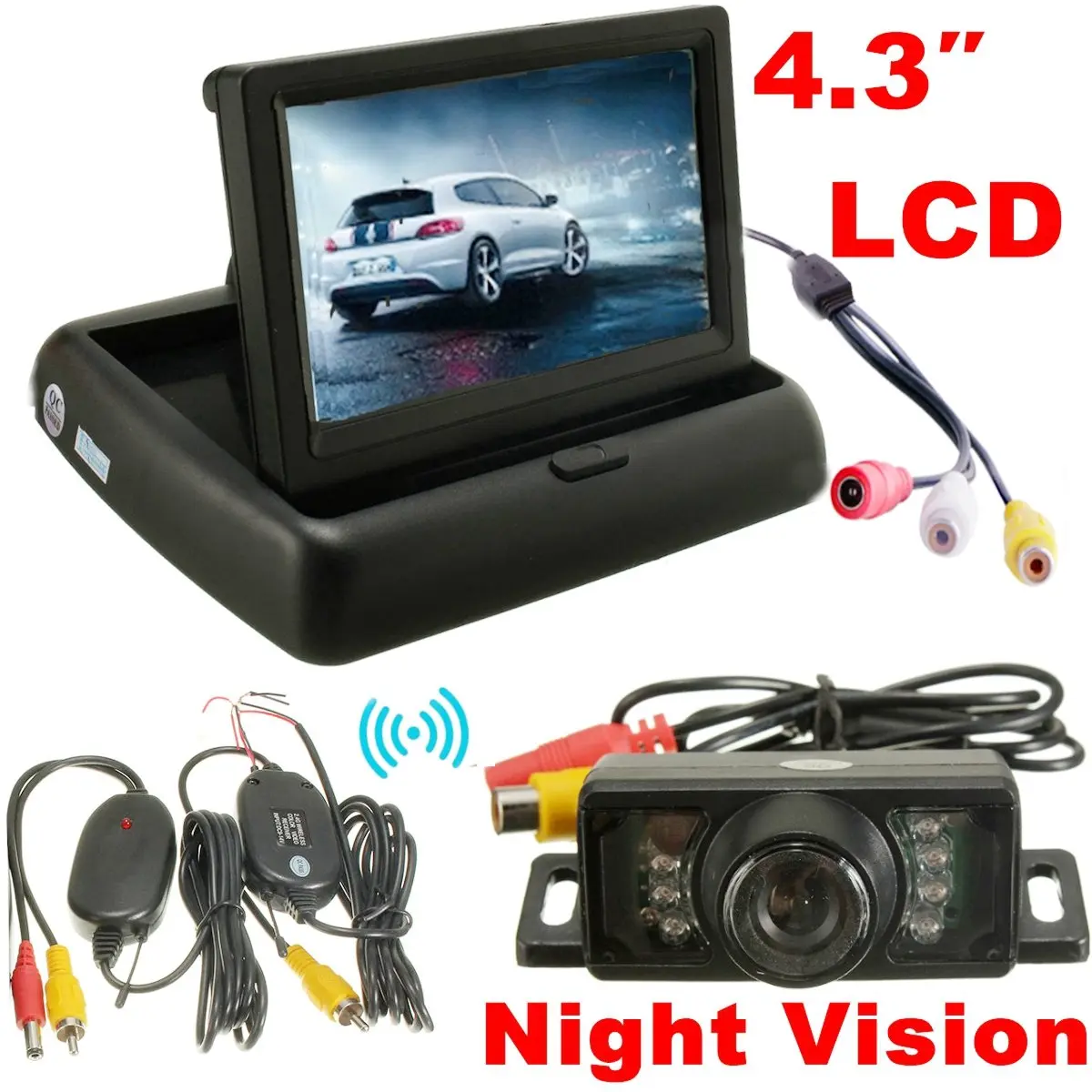 Car Foldable 4 3 Monitor Wireless IR Rearview Parking Reversing font b Camera b font Kit