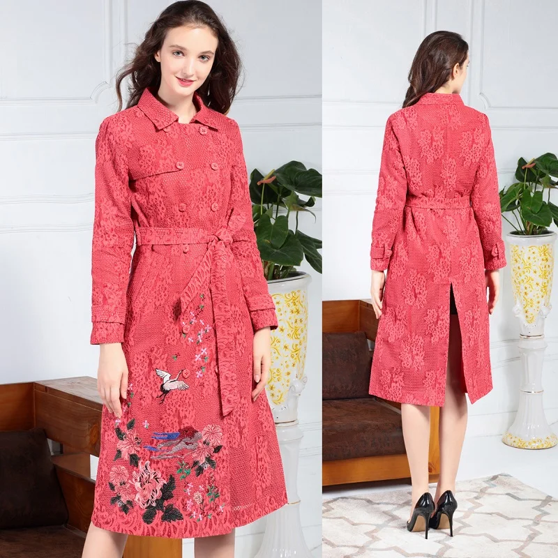 Manteau Dentelle Dark 2018 Boutonnage vent Nouveau red Mignon Hiver Ceinture Femmes Oiseaux Automne Tranchée Double Coupe Broderie Floral Avec Blue Survêtement wXnxqSg
