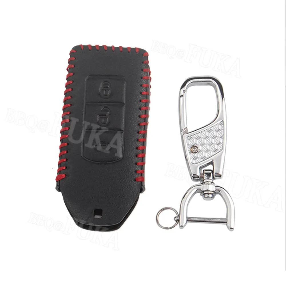 

Leather Car Key Holder Smart Remote Fob Shell With Keychain keyring For Mitsubishi Outlander Lancer ASX Galant