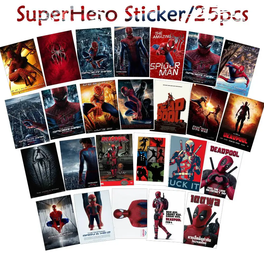 

25 Pcs/Lot SuperHeroes Stickers Spiderman Deadpool for Laptop PVC Bicycle Backpack Home Decal DIY Waterproof Toy Stickers