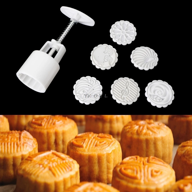 

7Pcs Flowers Moon Cake Mold Stamps 50g Round Mould Pastry Mooncake Hand DIY Tool
