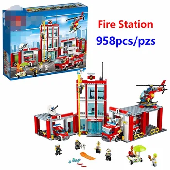 

New City Fire Station Command Center Rescue Car Helicopter Building Blocks Toy For Children Compatible with lego 60110 Best Gift