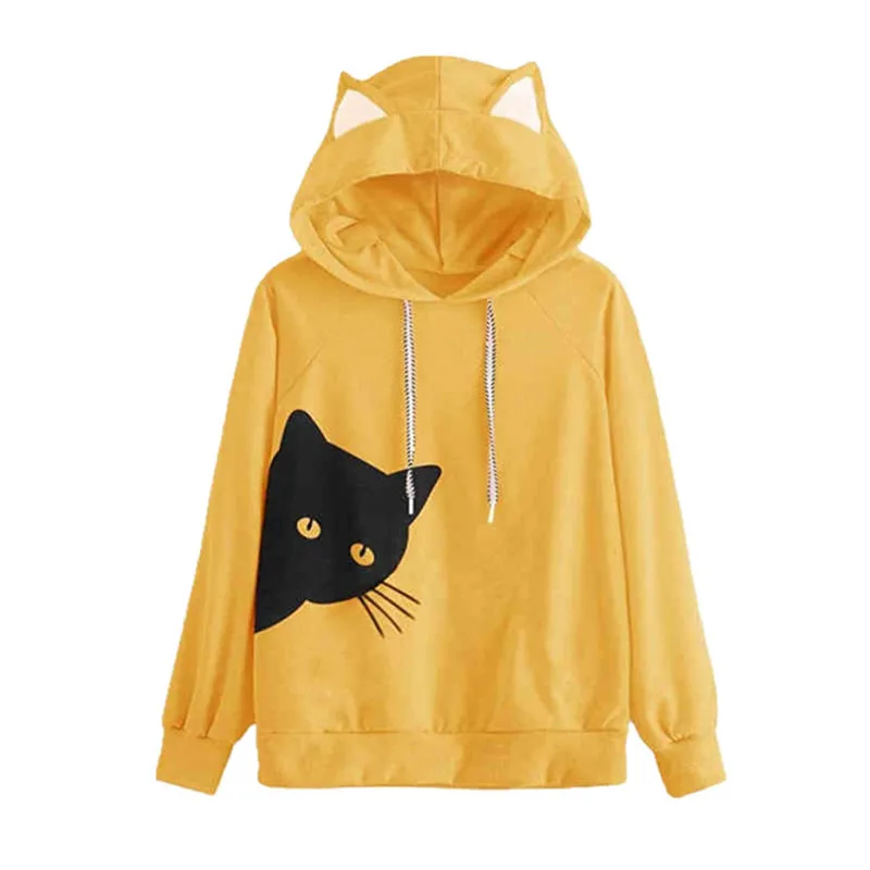 Cat Looking Out Side Print Women Sweatshirts Casual Hoodies For Lady