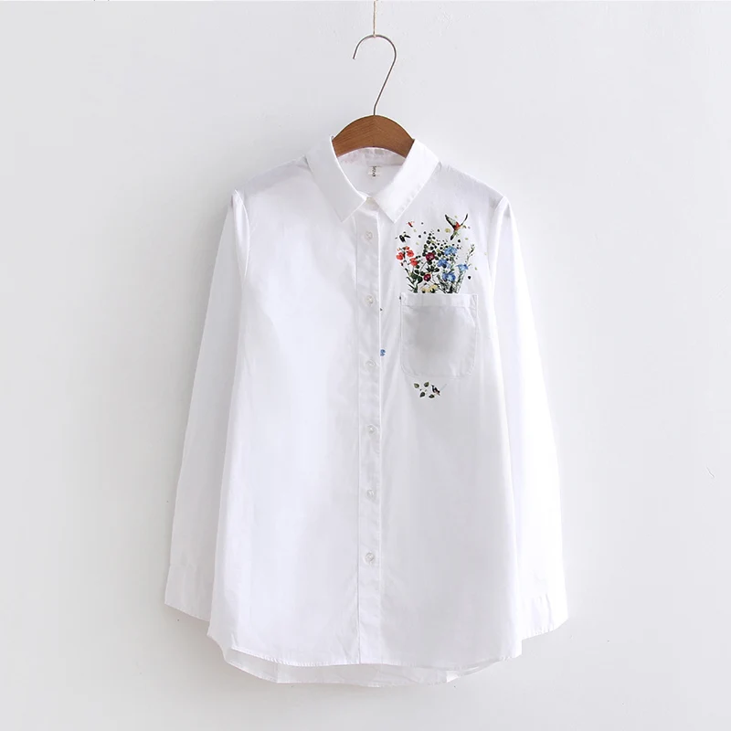 Белая блузка Женская рабочая одежда на пуговицах, кружевной отложной воротник, длинный рукав, хлопок, топ, рубашка размера плюс S-XXL, blusas feminina T56302 - Цвет: N White-Butterfly